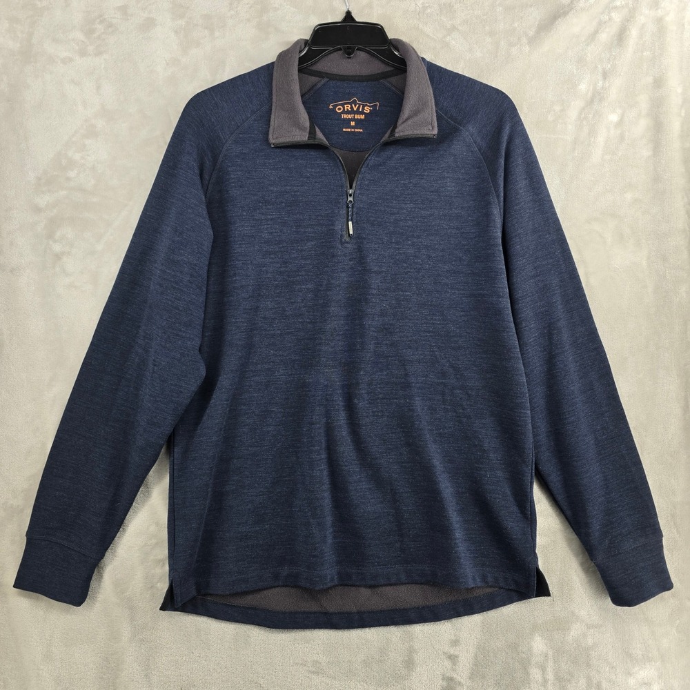 Orvis Trout Bum Mens Pullover‎ Sweater 1/4 Zip Merino Wool Blend Blue Medium
